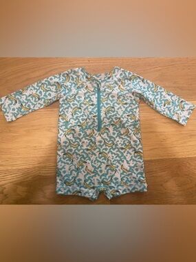 Siix Kids Long-Sleeve Teal & White Banana Print Rash Guard Swim Suit 6-12m GUC